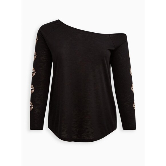 NWT Torrid 1X Leopard Lips Off Shoulder Long Sleeve Black Tee Shirt Size 14-16 - Picture 4 of 8